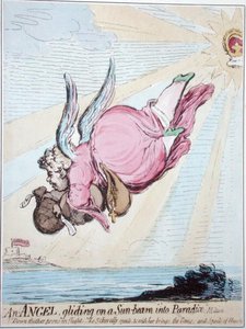 Güneş ışını üzerinde Cennete süzülen bir Melek (el boyaması gravür) by James Gillray
