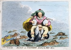 Blood on Thunder fording the Red Sea, S.W. Fores tarafından 1788 yılında yayımlanmıştır (elle renklendirilmiş gravür) by James Gillray