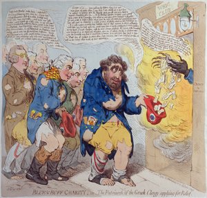 Blue und Buff Charity veya Yardım için başvuran Yunan Din Adamlarının Patriği, Hannah Humphrey tarafından 1793