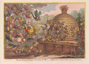 Geniş Dipli Dronlar Kovana hücum ediyor: Eşekarısı, Hornet ve Bombus arıları saldırıya katılıyor, pub. 1808 (el renkli gravür)