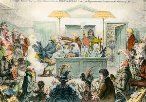 Bilim üzerine İngiliz hiciv: pnömatik malzemelerde yeni keşifler. 19. yüzyılda bilimsel konferanslar için duyulan coşku üzerine hiciv çizimi. James Gillray (1757-1815) tarafından yapılan gravür by James Gillray
