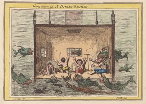 Dalış Makinesinde aşağı inmek, pub 1801 (el renkli gravür) by James Gillray