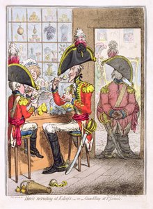 'Kahramanın Kelsey's'de İşe Alımı veya St. James's'de Muhafız Günü', pub. Hannah Humphrey, 1797 (renkli gravür)