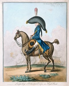 1803'te Hannah Humphrey tarafından yayınlanan Hyde Park'ta Gönüllü Bir Kolorduyu Denetlemek (el boyaması gravür)