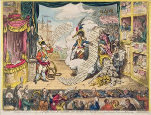 Pacific-Overtures veya A Flight from St. Clouds 'su üzerinde Charley'e' - yeni bir Dramatik Barış Provası Yapılıyor, 1806'da Hannah Humphrey tarafından yayınlandı (el boyaması gravür) by James Gillray