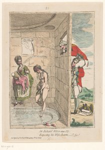 Spotprent op Sir Richard Worsley Sir Richard kurnazlıktan da beter, karısının poposunu açığa çıkarıyor; -o fye! (nesne üzerindeki başlık) by James Gillray