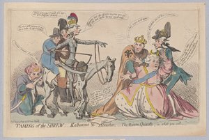 Hırçın Evcilleştirme: Katherine & Petruchio; Modern Kişot, ya da ne yapacaksan, pub. 1791 (el renkli gravür)