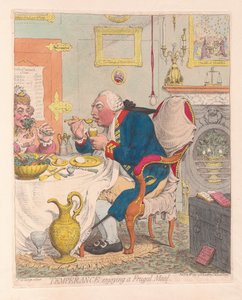 Temperance tutumlu bir yemeğin tadını çıkarıyor, pub. 1792 (el renkli gravür)