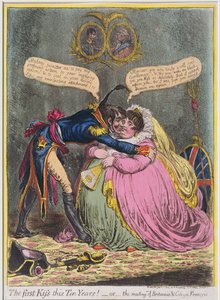 On Yıl Sonra İlk Öpücük! veya 1803'te Hannah Humphrey tarafından yayınlanan Britannia und Citizen Francois Toplantısı (aquatint ile elle boyanmış gravür)