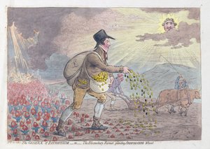 Vatanseverlik Cinsleri veya Bedfordshire Buğdayı eken Bloomsbury Çiftçisi, pub. 1796 (el renkli gravür) by James Gillray