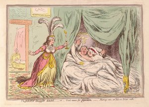 Jersey Kaçakçısı tespit edildi veya Ayrılık için İyi bir neden, Evlilik Yeminleri Dicers yeminleri gibi Yanlış, pub. 1796 (el renkli gravür) by James Gillray