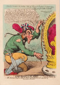 İnsan Hakları veya Tomm Paine, Küçük Amerikalı Taylor, yeni bir Devrim Pantolon Çifti için Taç ölçüsünü alıyor, pub. 1791 (el renkli gravür)