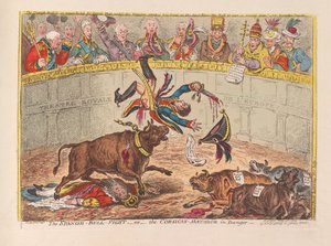 İspanyol Boğa Dövüşü veya Tehlikedeki Korsikalı Matador, pub. 1805 (el renkli gravür)