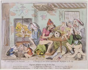 Un Petit Souper a la Parisienne, or A Family of Sans-Culottes Refreshing after the Fatigues of the Day, Hannah Humphrey tarafından 1792 yılında yayımlanmıştır (el boyaması gravür) by James Gillray