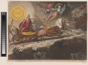 William Pitt verdrijft de duistere krachten, 1795 Işık Karanlığı kovuyor, - Stygian ekshalasyonlarının buharlaşması,-veya- Anayasanın güneşi, muhalefet bulutlarının üzerinde yükseliyor (nesne üzerindeki başlık) by James Gillray