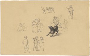 Havlayan Köpek ve Milis Eğitimi Çalışmaları, c.1841 (grafit) by James Goodwin Clonney