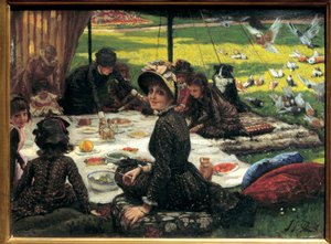 Çimlerin üzerinde kahvaltı Aile pikniği sahnesi. Jacques Joseph (Jacques-Joseph) tarafından yapılan resim Tissot dit James Tissot (1836-1902) by James Jacques Joseph Tissot