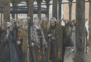 Baş Rahipler Birlikte Öğüt Alırlar, Rabbimiz İsa Mesih'in Yaşamı'ndan bir örnek, 1886-94 (kağıt üzerinde grafit üzerinde wc) by James Jacques Joseph Tissot