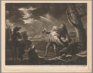 David Garrick, Kent Kontu ile Kral Lear rolünde ve fırtınalı bir manzarada Tom kılığında Edgar by James McArdell
