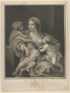 Charity oturmuş bir bebeği emziriyor, bir diğeri kucağında uyuyor ve üçüncüsü onunla konuşuyor, ..., 1793. by James Parker