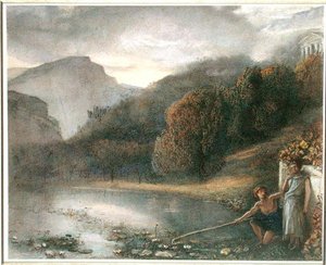 Bir Tapınak ve Pastoral Figürlerle Peyzaj (kağıt üzerine suluboya) by James Smetham