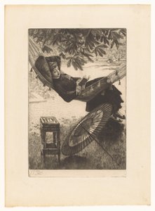 Genç kadın bir hamakta okuyor by James Tissot