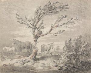 Ön Planda Üç Atlı ve Bir Ağaçlı Manzara by James Ward