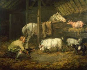 At ve Koyunlu Bir Ahırda Genç Oğlan ve Köpeği (tuval üzerine yağlı boya) by James Ward
