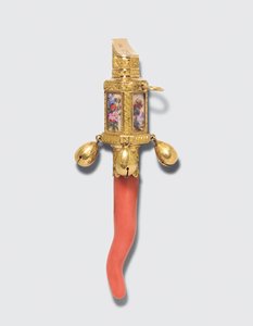 Regency çocuk çıngırağı, diş kaşıyıcı ve ıslık, Londra 1815/1816 işaretli (emaye altın ve mercan) by James and Ray John Montague