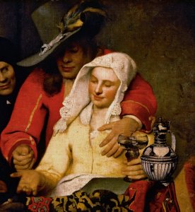 Bir adam, göğsüne dokunan bir kadına bozuk para uzatıyor, The Procuress
