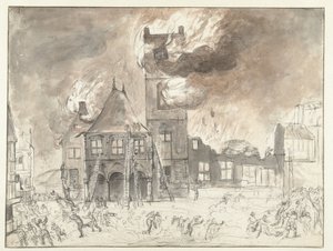 Amsterdam'daki eski belediye binasında yangın by Jan Abrahamsz. Beerstraten (possibly)