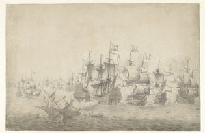 Bir deniz savaşı, muhtemelen 13 Haziran 1665'te Lowestoft'ta (sol sayfa) by Jan Abrahamsz. Beerstraten (possibly)