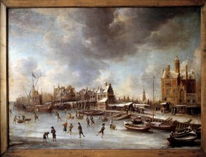 Kış manzarası. Donmuş bir gölde patenciler. Burstaten (1622-1666) 17. yüzyıl tablosu. Berlin, Staatliche Müzesi