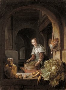 Mutfakta sebze hazırlayan bir hizmetçi by Jan Adriansz van Staveren