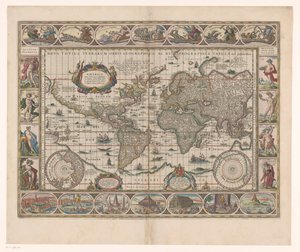 Wereldkaart decoratieve randen ile tanıştı Dünyanın yeni bir haritası by Jan Aertse van den Ende