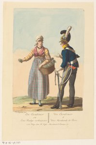 Süvari askeri ve turp satıcısı Bir Carabinier ve bir Radys Saleswoman / Un Carabinier & Une Marchande de Rave (nesne üzerindeki başlık) by Jan Anthonie Langendijk Dzn