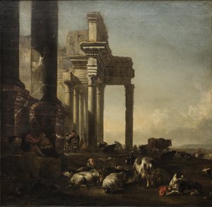 Köylüler, sığırlar ve koyunlarla klasik kalıntılardan oluşan bir İtalyan Manzarası, c.1650