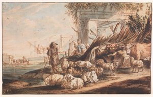 Bir koyun sürüsü ve harabeler arasında bir inek ile çoban by Jan Baptist Weenix