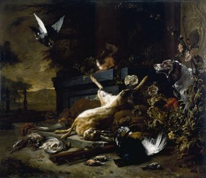 Bir Tavşan, Kara Orman Tavuğu ve Keklik, Uçuşta Güvercin ile bakan bir Spaniel, c. 1680