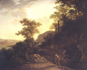 Bir dağ geçidinde akarsu akan gezginlerle İtalyan tarzı bir ormanlık manzara by Jan Both