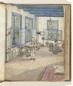 Oğul Jantje ve köleleştirilmiş bir kadın olan Flora ile oturma odası, çıkrık başında by Jan Brandes