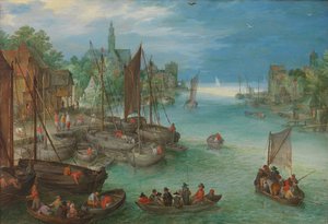 Nehir Boyunca Bir Şehrin Görünümü Nehir Üzerindeki Bir Kasabanın Görünümü by Jan Brueghel (I) (attributed to)