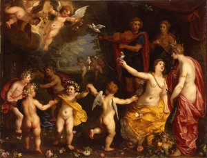 Aşk alegorisi: Bir manzarada dans eden putti ile çevrili Ceres, Apollo ve Diana ile bir çift bağlı güvercin tutan Venüs