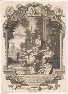 Yunanistan tarihinin alegorisiyle kartuş Başlık sayfası: Kornelis Westerbaen, Algemeene tarihi, 1742