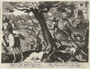 Hertenjacht honden ile bir araya geldi Jachttaferelen (dizi adı) Vahşi hayvanların, kuşların, vahşi hayvanların balıklarının avı (dizi adı) by Jan Collaert (II) (attributed to)