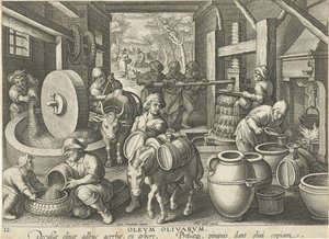 Zeytin presi Olevm Olivarvm (nesne üzerindeki başlık) Yeni icatlar ve keşifler (dizi başlığı) Nova Reperta (dizi başlığı) by Jan Collaert (II) (attributed to)