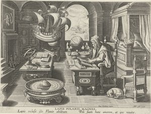 pusulanın icadı Lapis Polaris, Magnes (nesne üzerindeki başlık) Yeni icatlar ve keşifler (dizi başlığı) Nova Reperta (dizi başlığı) by Jan Collaert (II) (attributed to)