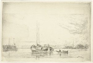 Mavna ve kürek teknesi ile nehir manzarası by Jan Daniël Cornelis Carel Willem baron de Constant Rebecque
