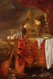 Bir Tabakta Yaldızlı Bardak, Gümüş Kadeh, Nautilus, Bardak ve Şeftali ile Karışık Meyve Sepeti by Jan Davidsz de Heem