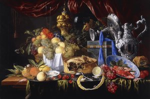 Kalaylı Tabakta Turta, Kısmen soyulmuş Limon, Kalaylı Tabakta Gümüş Kaşık, Wanli Kraak Porselen Kasede Kerevit ve Karides, 1649 by Jan Davidsz de Heem